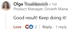 Ольга, продакт-менеджер, написала: Хороший результат! Продолжайте в том же духе!